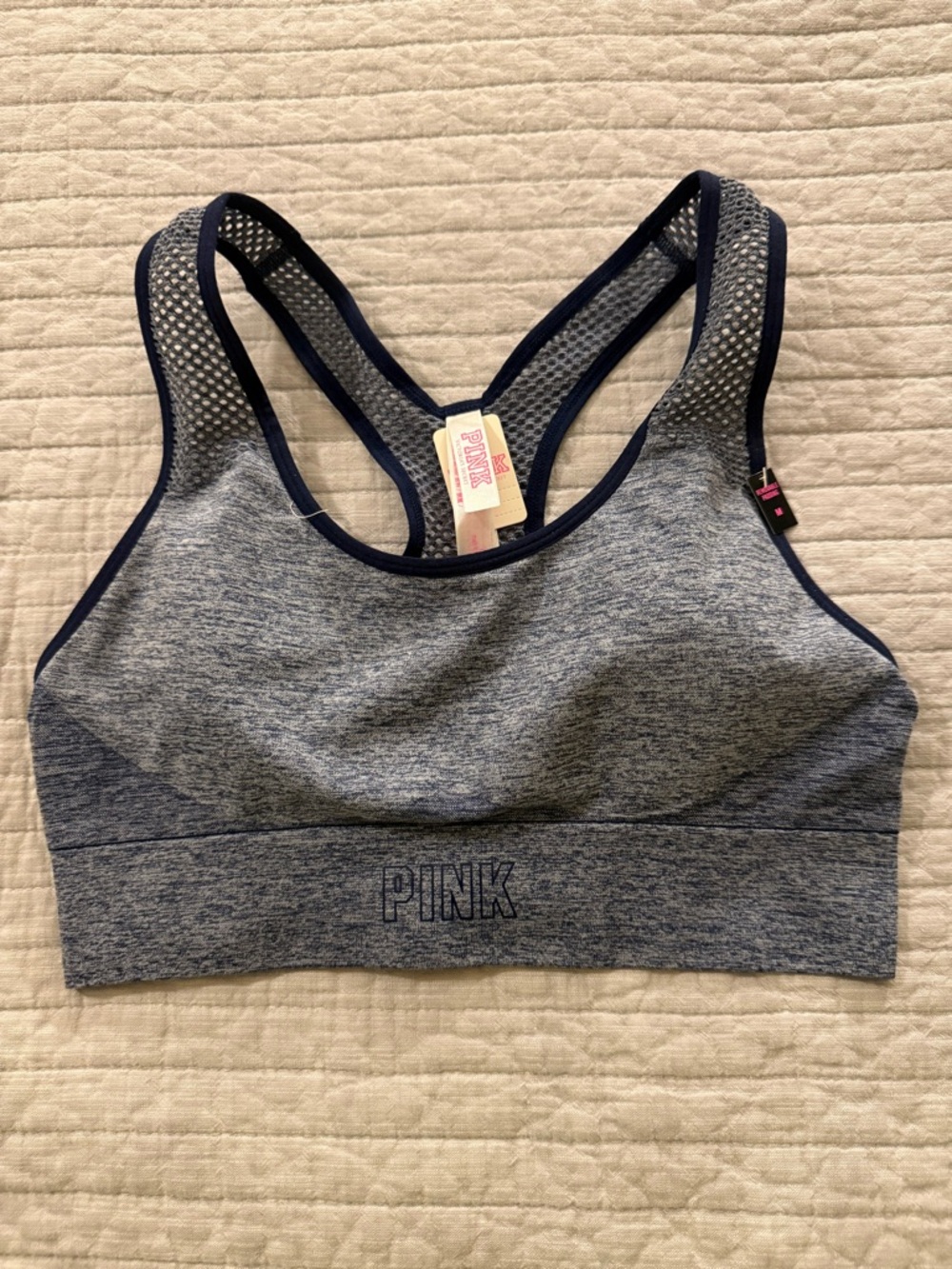 PINK Victoria's Secret Heathered Blue-Gray Mesh Racerback Sports Bra
